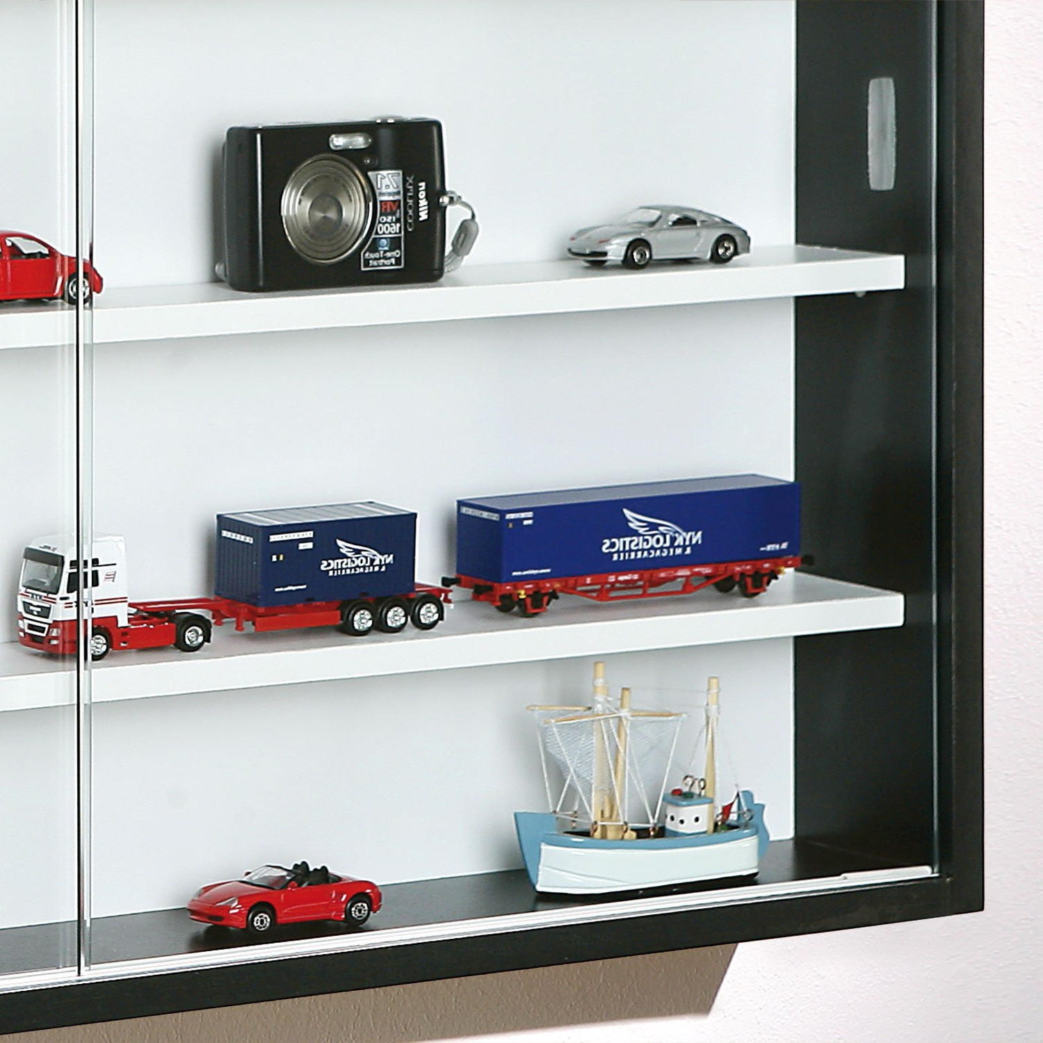 Display Cabinet Modern Storage Shelves Wall Glass Case Box Collectable Case - Picture 8 of 12