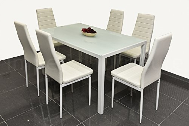 EBS® WHITE GLASS Dining Table & 6 Chairs Room Furniture Set Modern Faux